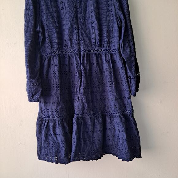 J. Crew Eyelet Lace Dress Long Sleeve Flutter Hem Mini Navy Blue Womens Size 12 - Picture 8 of 15